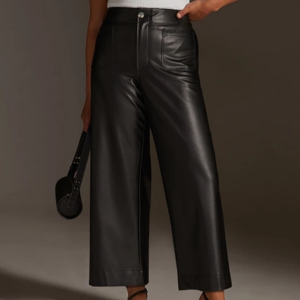 Maeve by Anthropologie Colette Faux Leather Cropped Wide-Leg Pants in Black